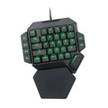 One-handed wired mechanical gaming keyboard with green axis switches, 35 keys, USB cable, and hand rest