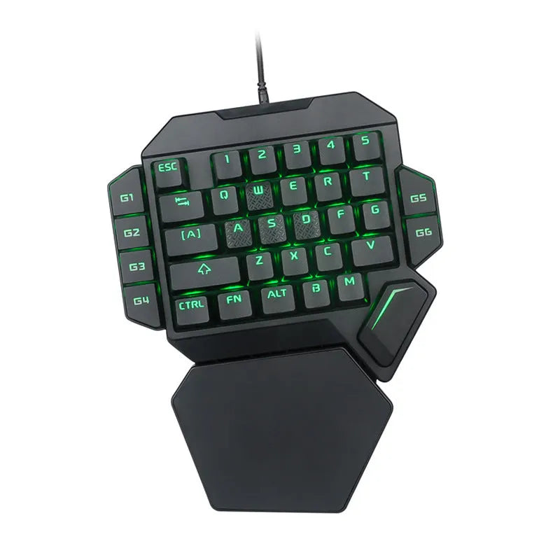 One-handed wired mechanical gaming keyboard with green axis switches, 35 keys, USB cable, and hand rest