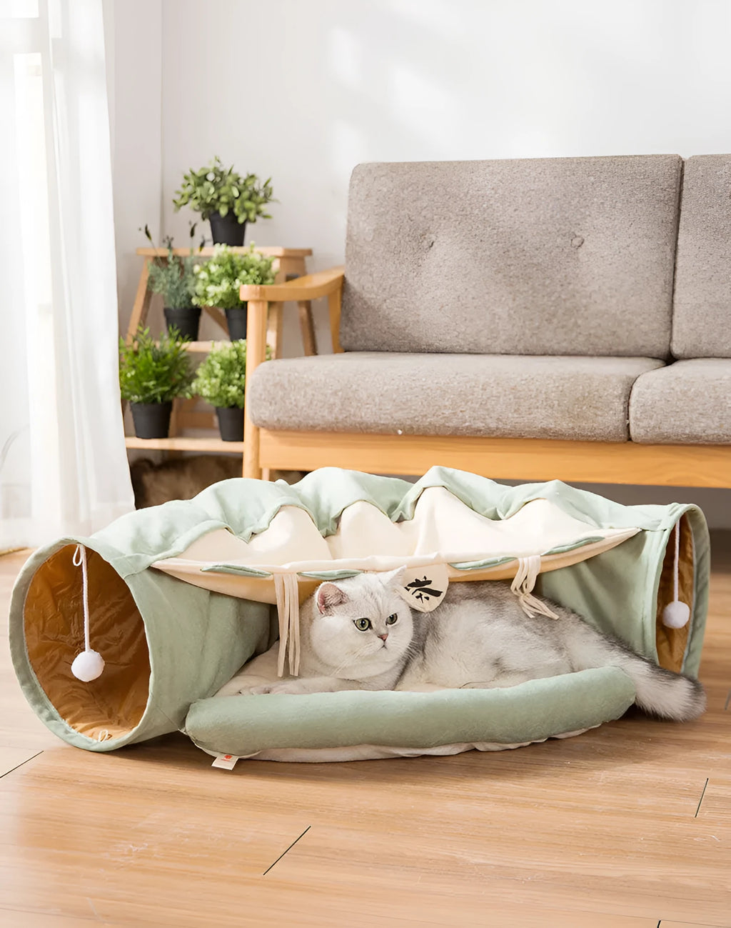 Collapsible cloth cat tunnel toy shown in one of four colours: Bar, Coffee, Matcha, or Pink.