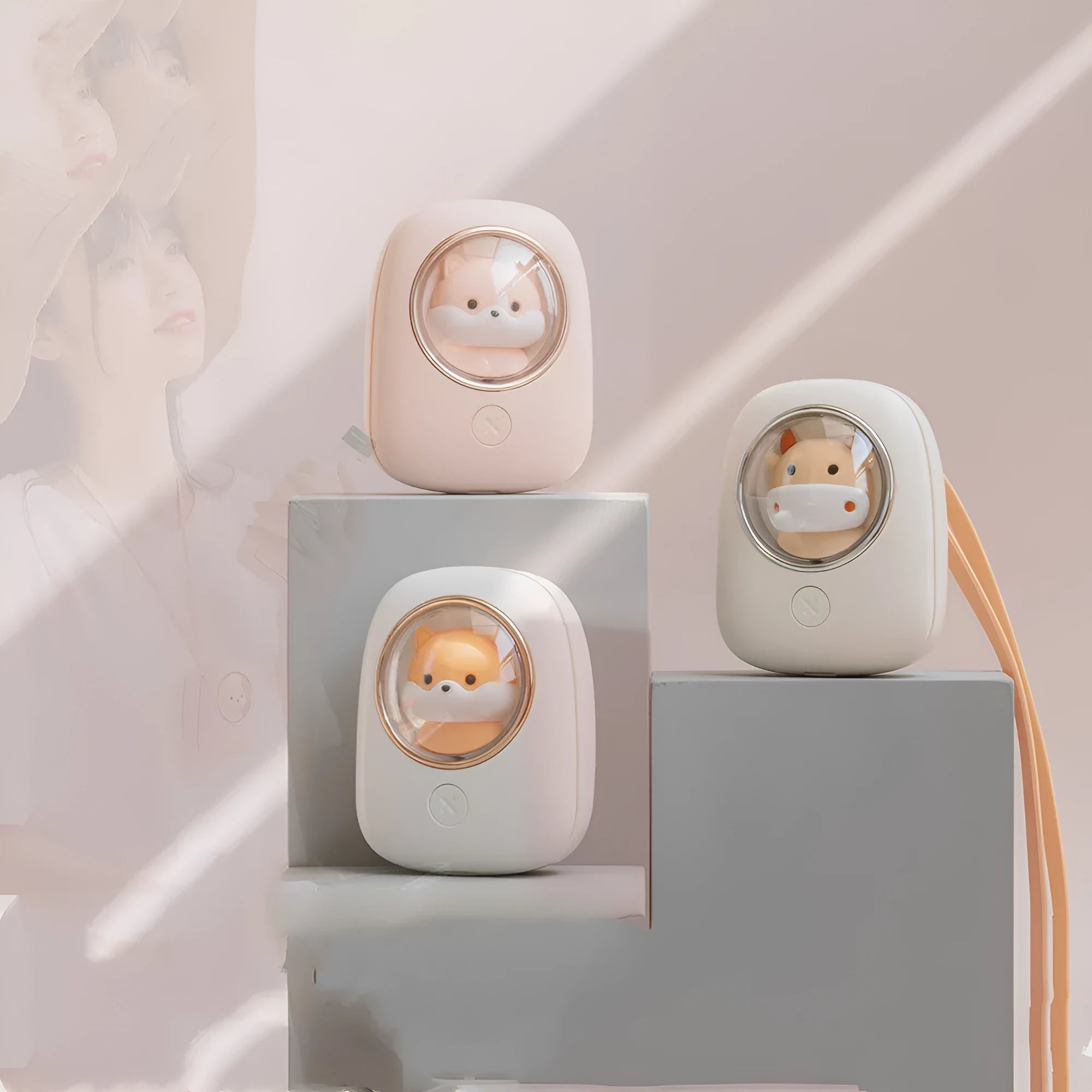 White handheld neck fan with USB port and cute animal design, shown next to its packaging.