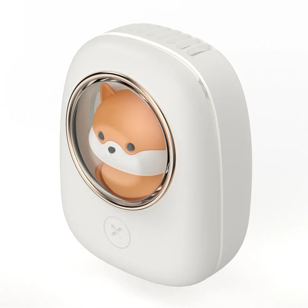 White handheld neck fan with USB port and cute animal design, shown next to its packaging.