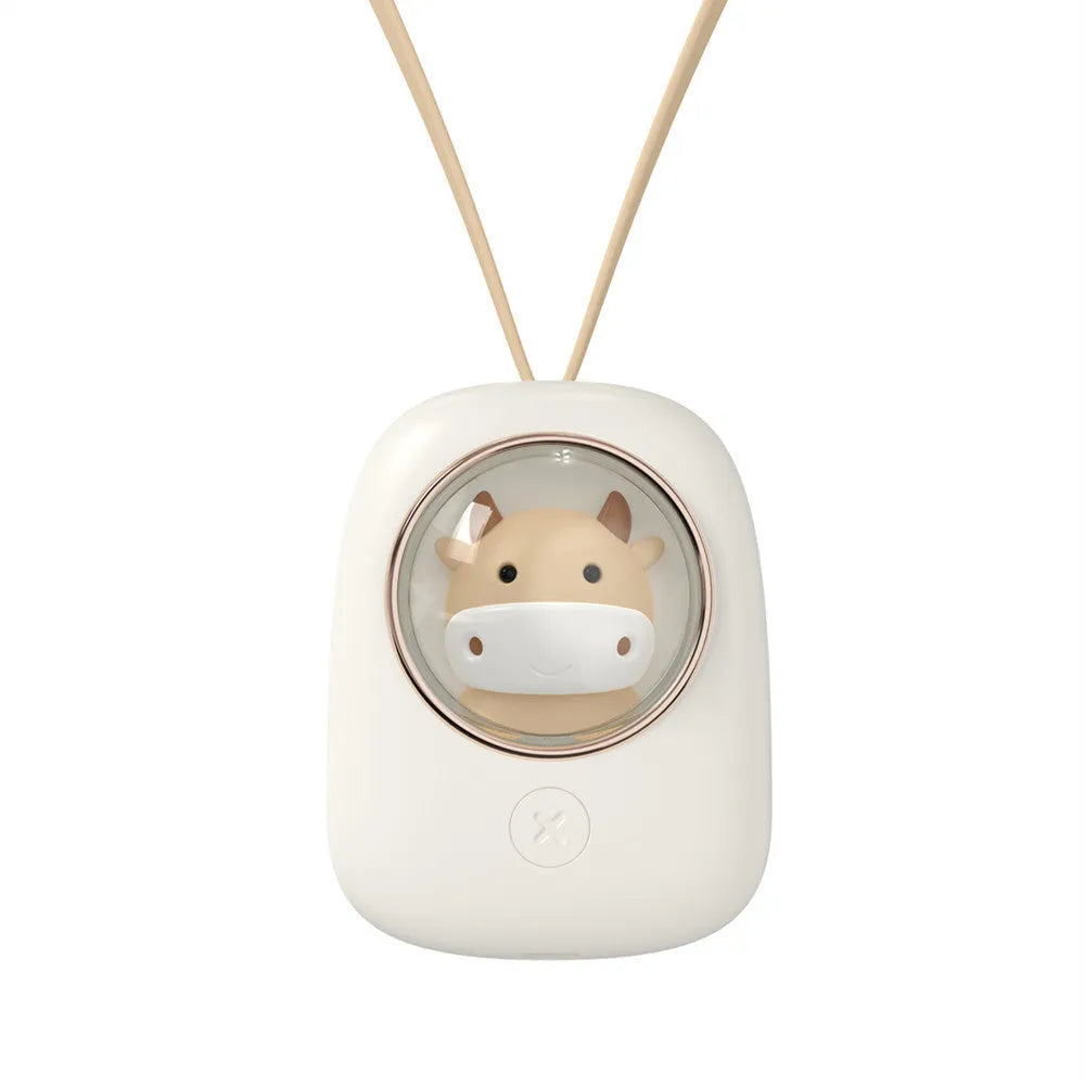 White handheld neck fan with USB port and cute animal design, shown next to its packaging.