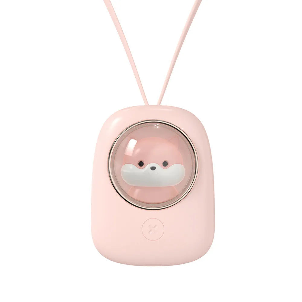 White handheld neck fan with USB port and cute animal design, shown next to its packaging.