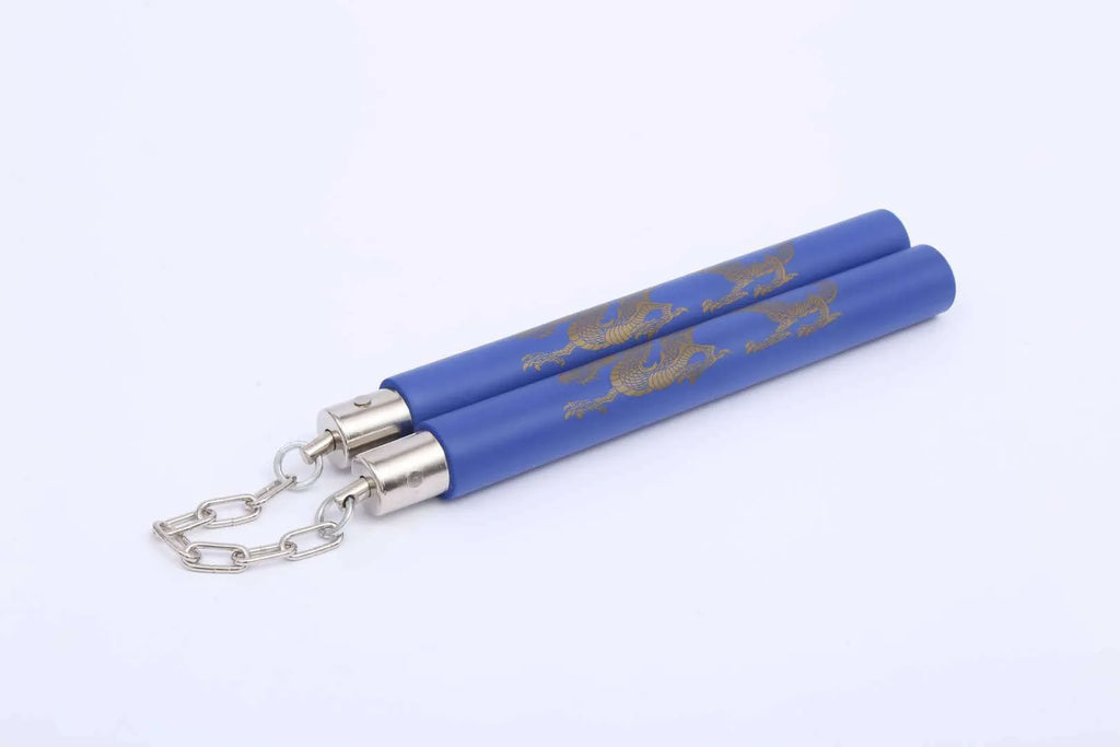 Red and blue sponge-covered nunchaku training sticks connected by a metal chain on a grey background.