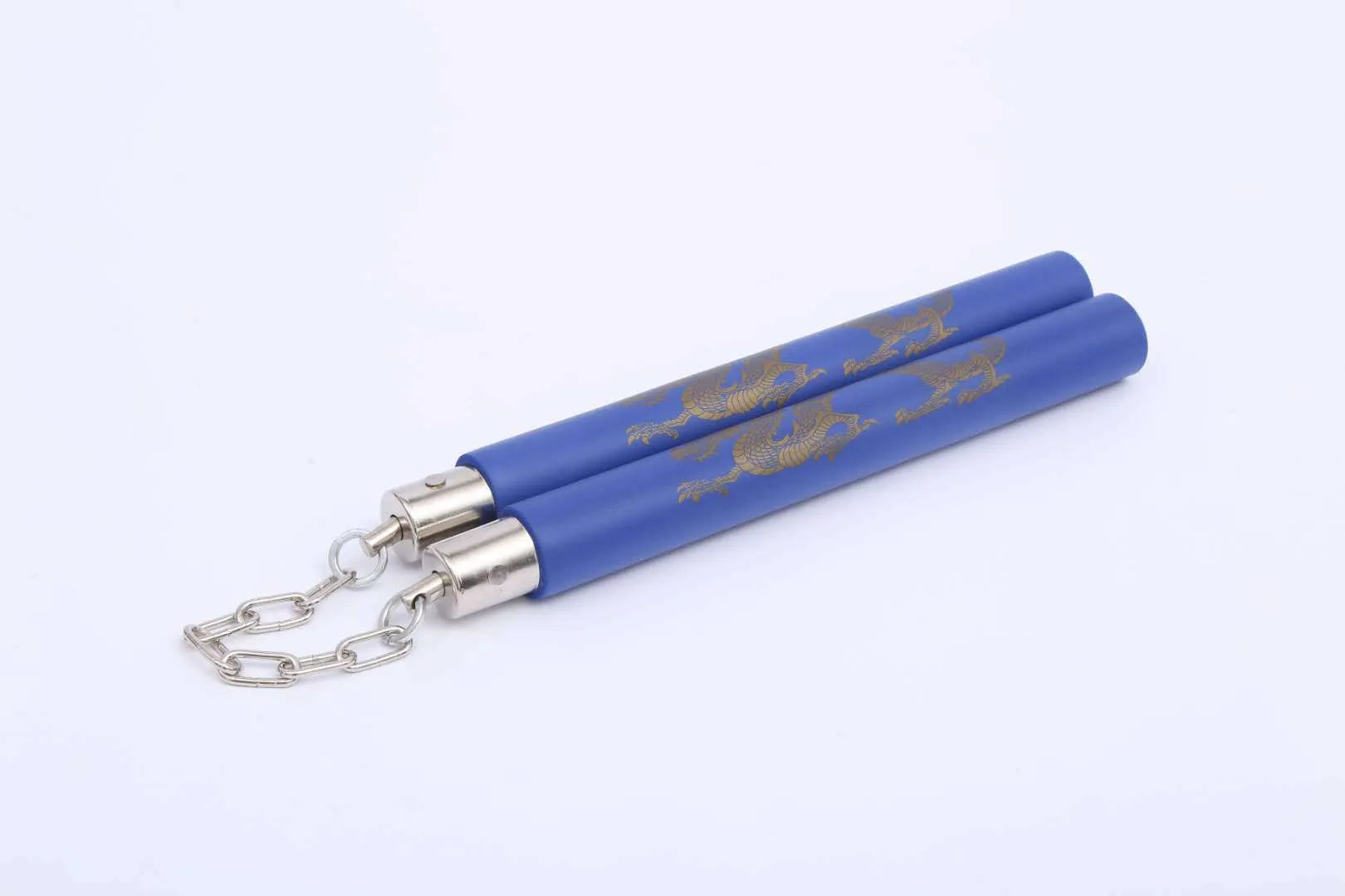 Red and blue sponge-covered nunchaku training sticks connected by a metal chain on a grey background.