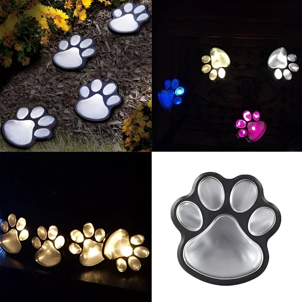 Solar-powered bear paw print garden lights showing four connected lamps and solar panel pole