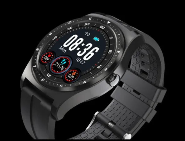 47mm circular smart watch with silicone strap, showing heart rate and blood pressure on its touchscreen display.