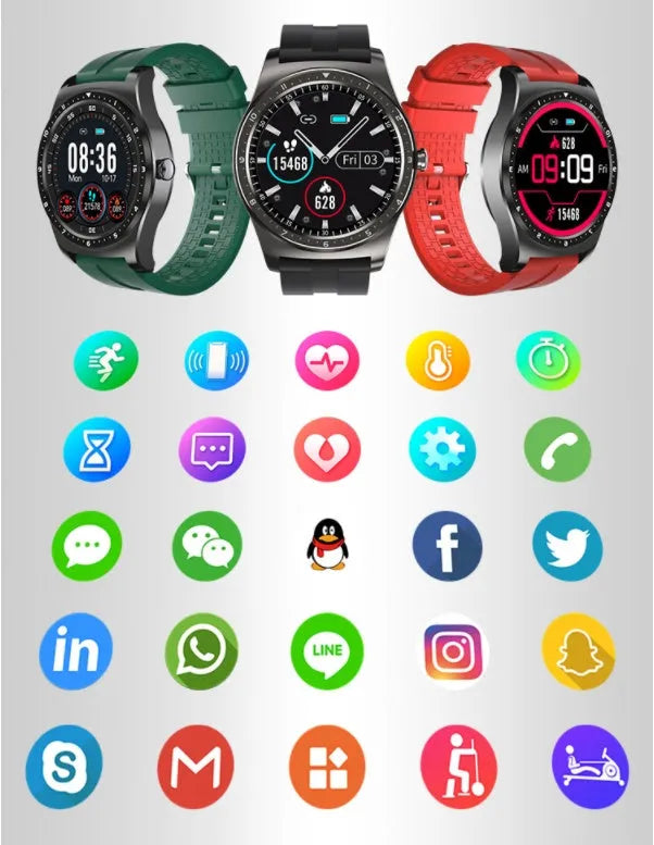 47mm circular smart watch with silicone strap, showing heart rate and blood pressure on its touchscreen display.