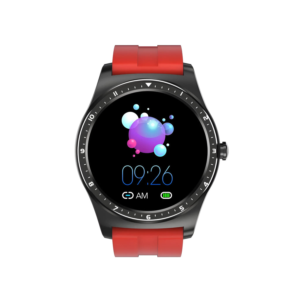 47mm circular smart watch with silicone strap, showing heart rate and blood pressure on its touchscreen display.