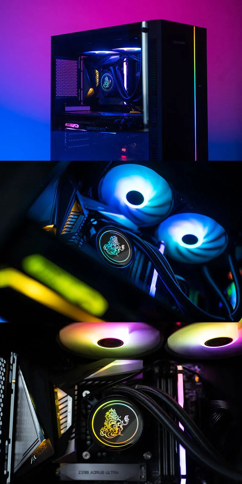 Kirin 240 CPU water cooling radiator with colourful RGB lighting and copper-aluminium construction