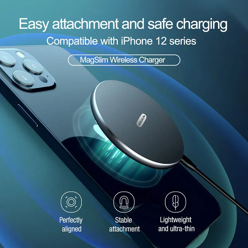 Black MagSlim Model NKT06 magnetic wireless charger for mobile phones with 10W output capability