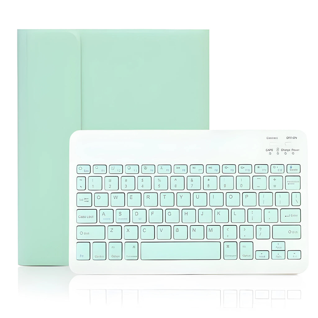 iPad clamshell Bluetooth keyboard case in imitation leather with pen slot and sleep function, available in multiple colours