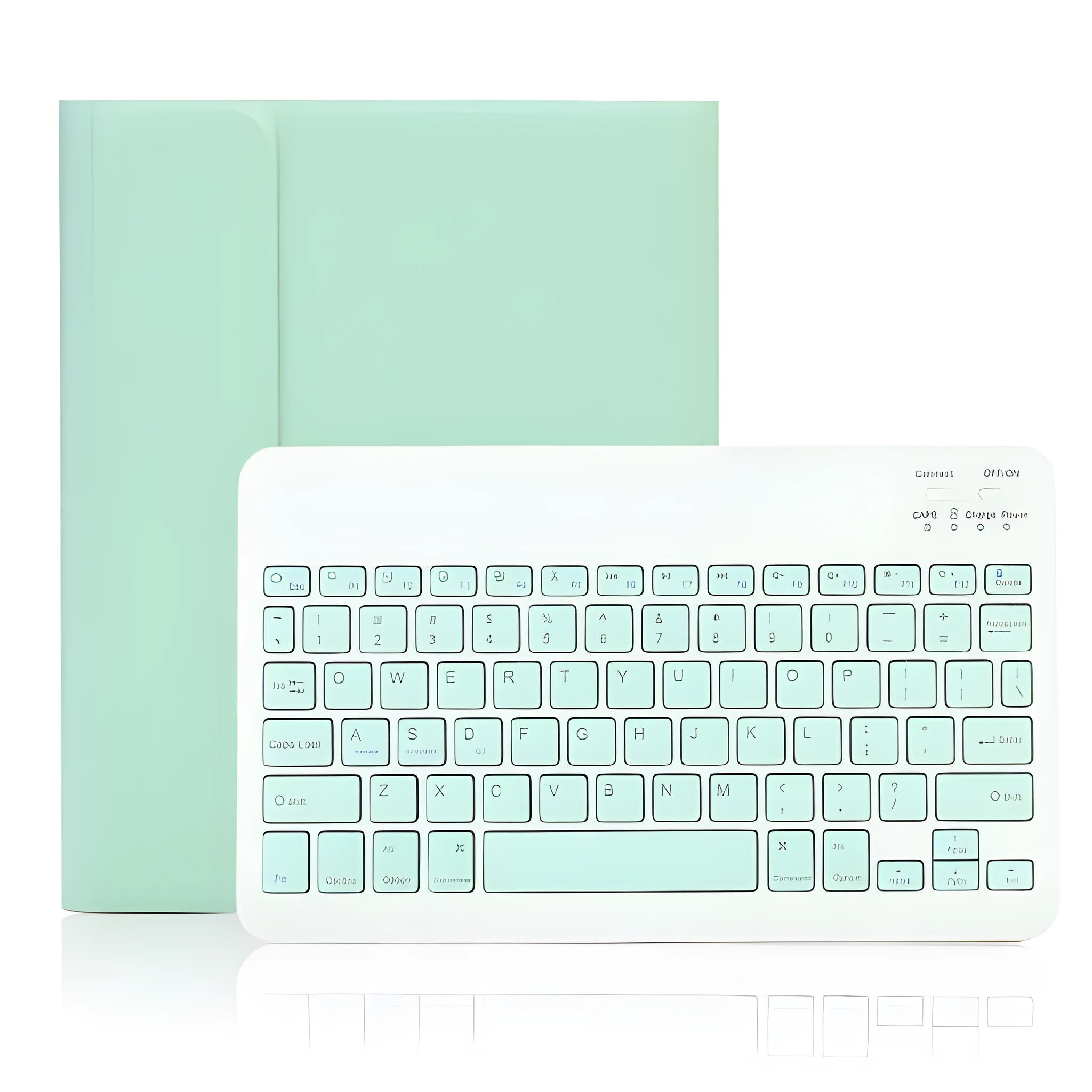 iPad clamshell Bluetooth keyboard case in imitation leather with pen slot and sleep function, available in multiple colours