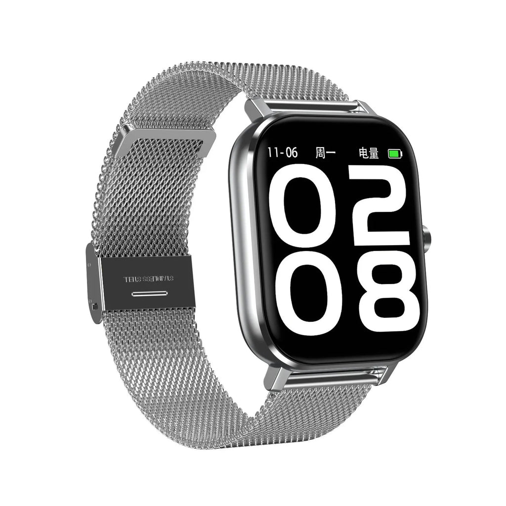 Smart bracelet with 1.54-inch screen showing health metrics, with silicone and mesh steel strap options