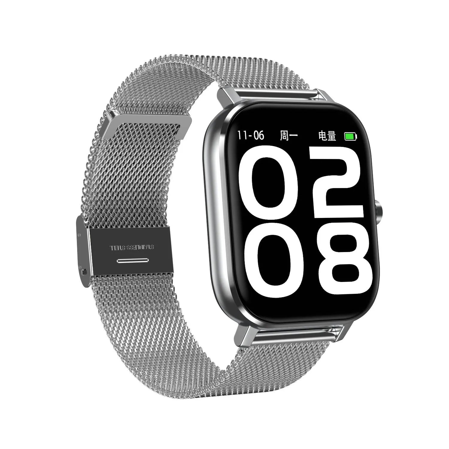 Smart bracelet with 1.54-inch screen showing health metrics, with silicone and mesh steel strap options