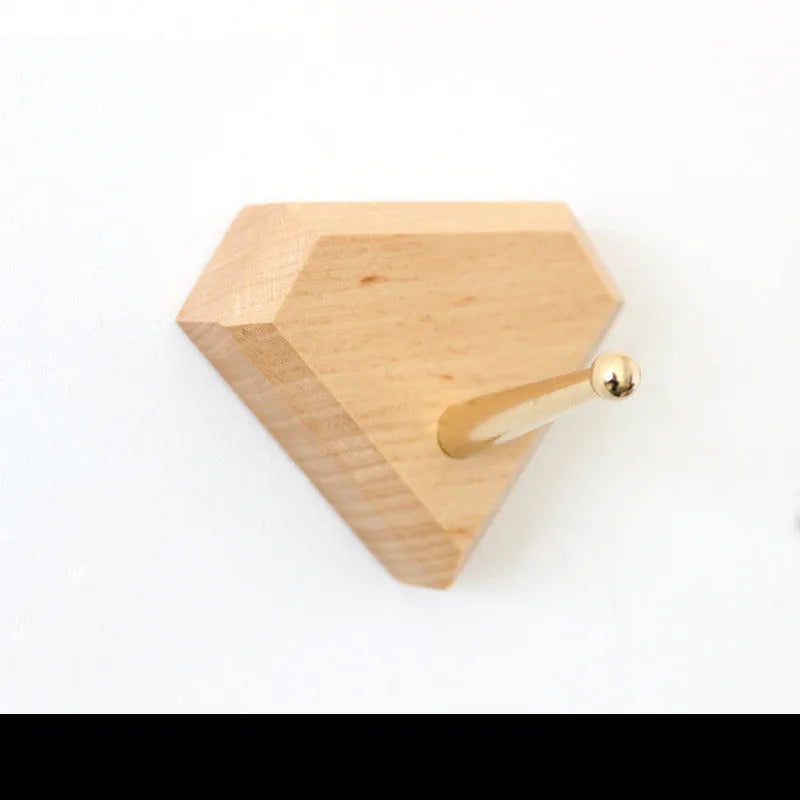 Beech wood adhesive wall hook with brass finish in round, capsule, oval, diamond and square designs