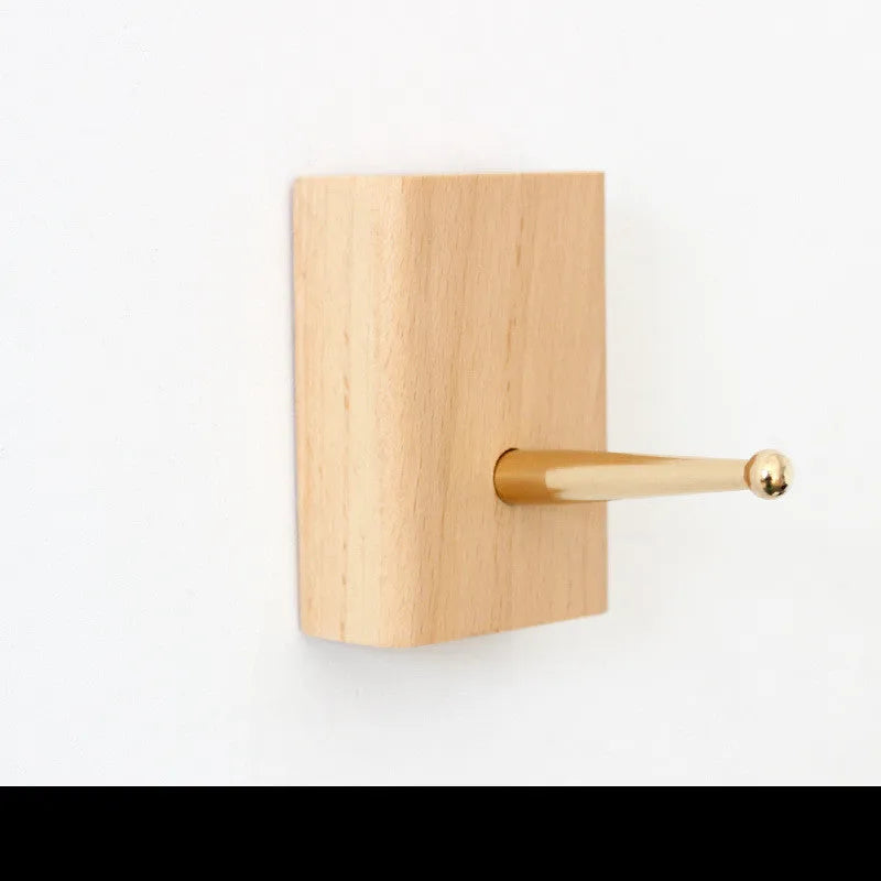 Beech wood adhesive wall hook with brass finish in round, capsule, oval, diamond and square designs