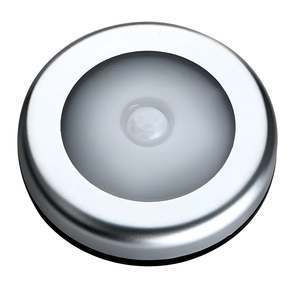 Silver wireless motion sensor night light showing compact square design and LED array.