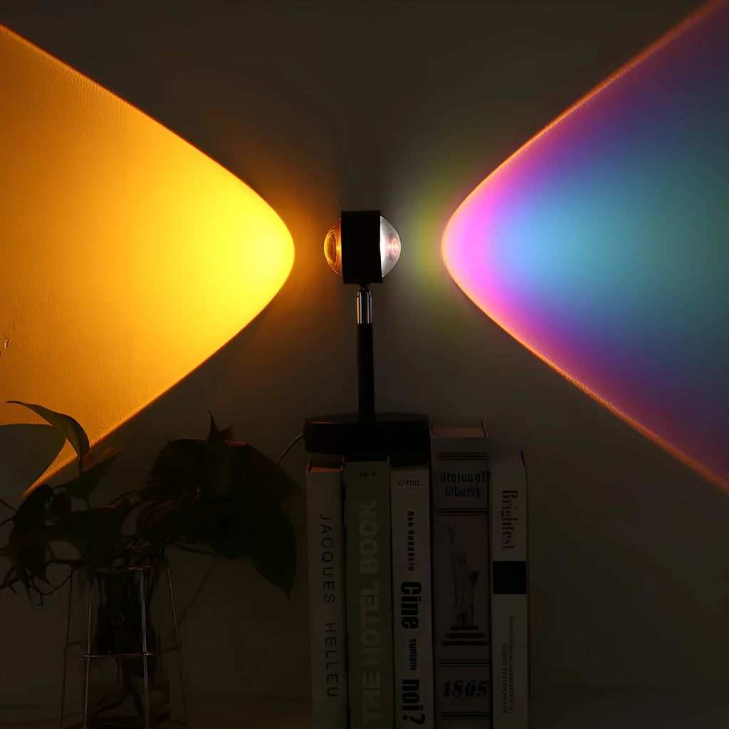 Black USB dual-head sunset rainbow projection lamp with touch controls measuring 140x240mm