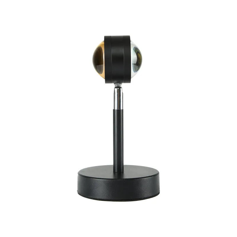 Black USB dual-head sunset rainbow projection lamp with touch controls measuring 140x240mm