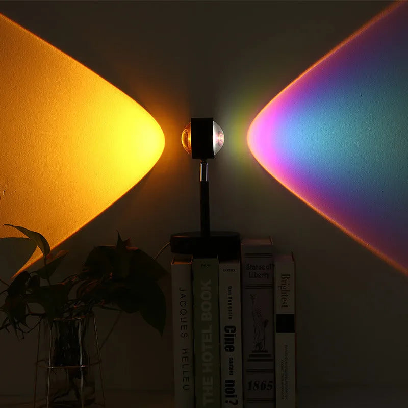 Black USB dual-head sunset rainbow projection lamp with touch controls measuring 140x240mm