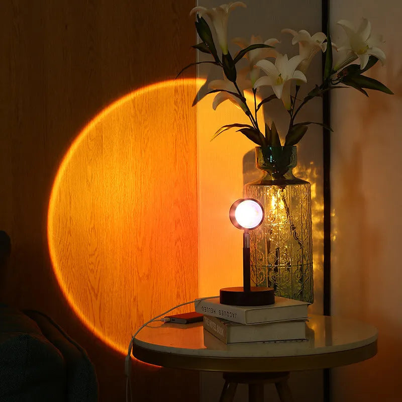 Black USB dual-head sunset rainbow projection lamp with touch controls measuring 140x240mm