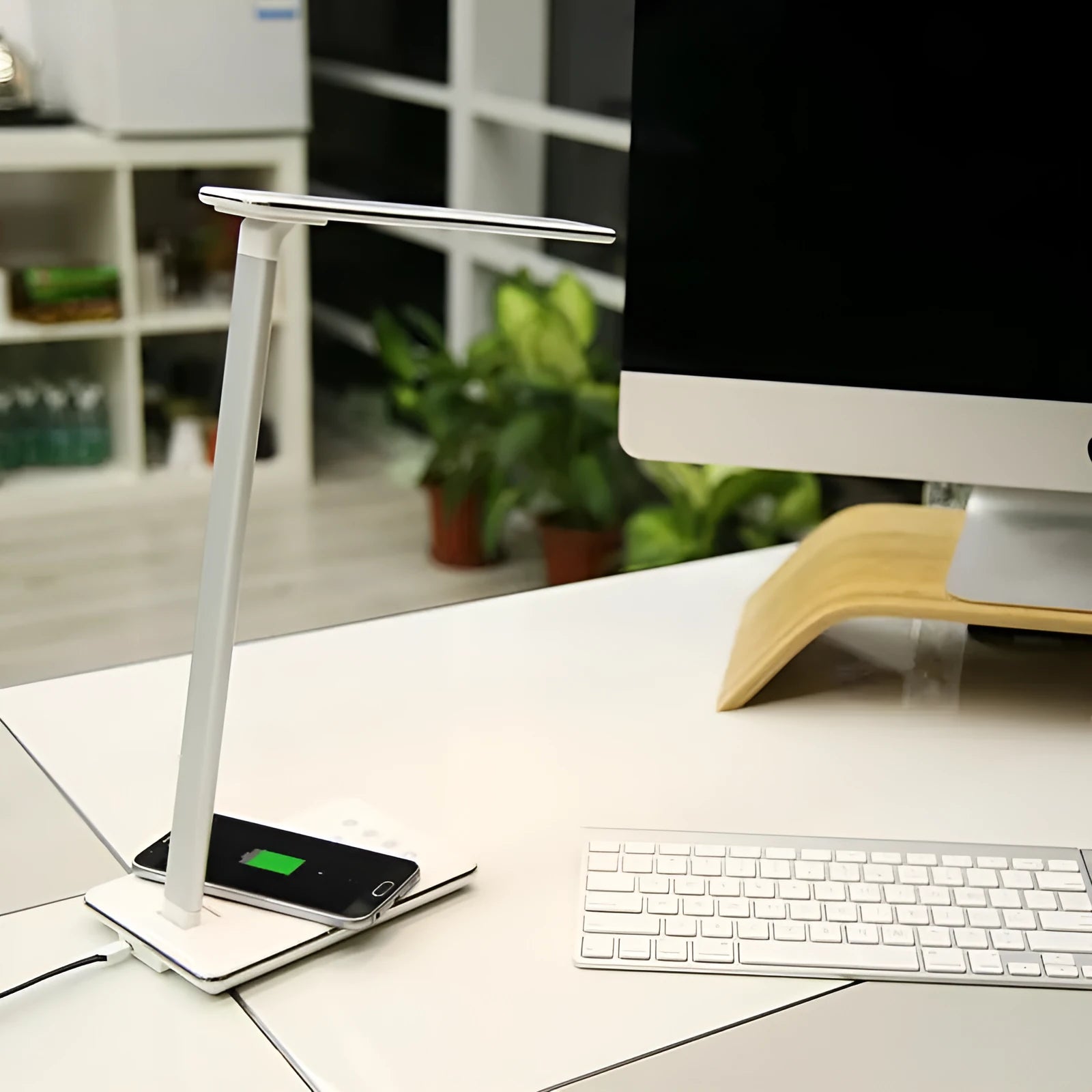 Wireless charging desk lamp with LED lighting in black or white colour options
