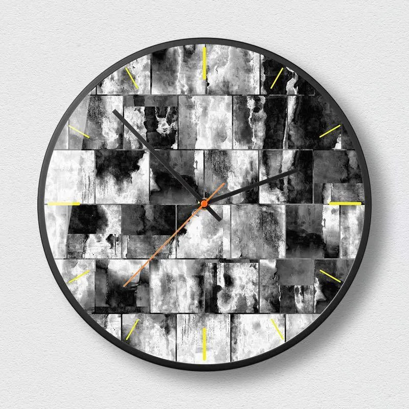 Round abstract art wall clock with black design in 12 inch or 14 inch size options