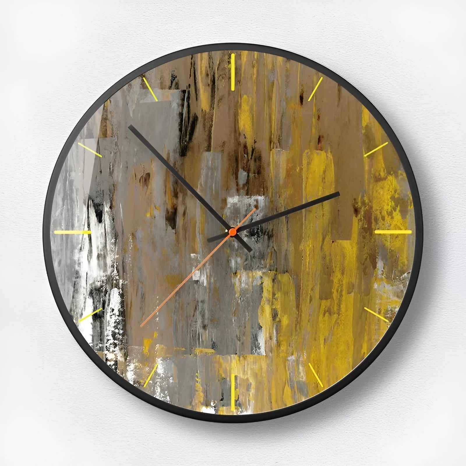 Round abstract art wall clock with black design in 12 inch or 14 inch size options