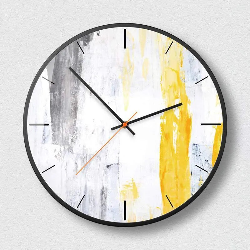 Round abstract art wall clock with black design in 12 inch or 14 inch size options