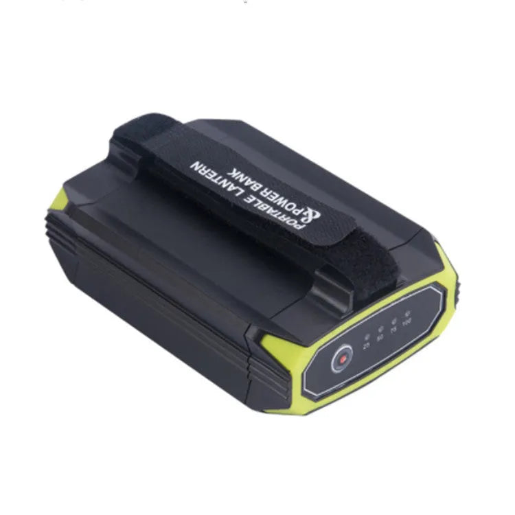 Green rechargeable LED camping light with dimming function and USB power bank port.