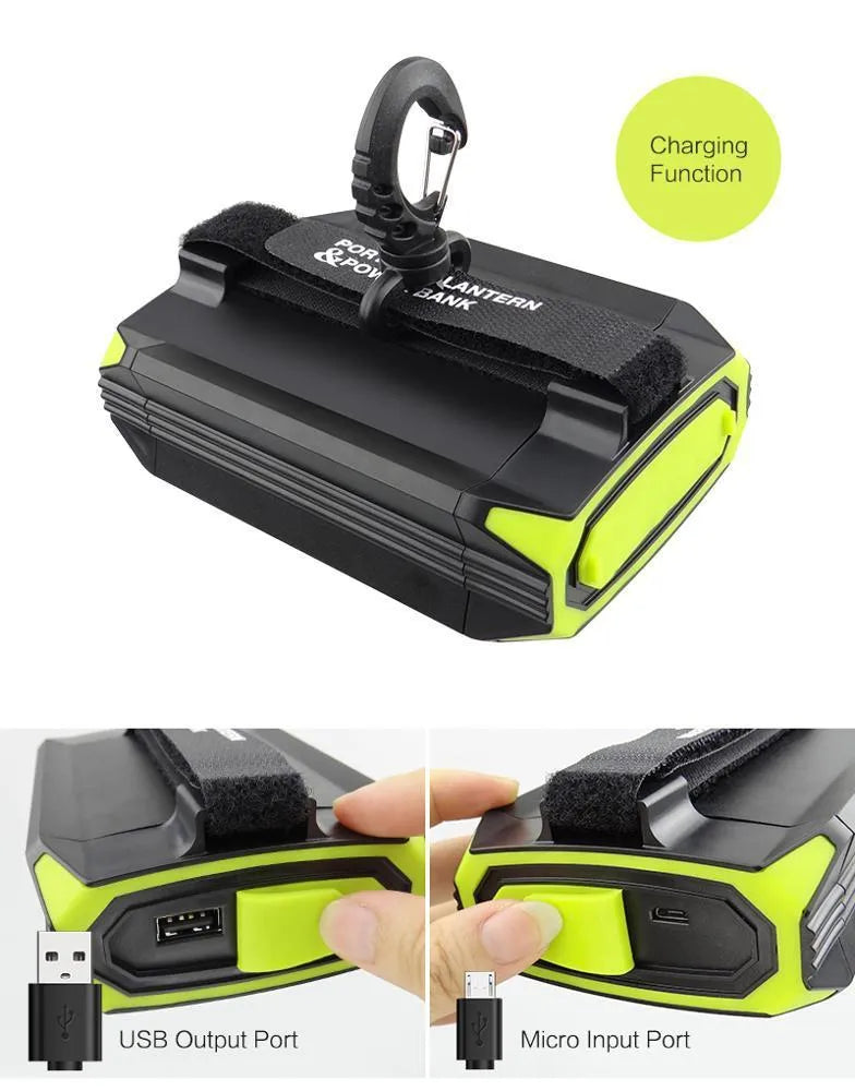Green rechargeable LED camping light with dimming function and USB power bank port.