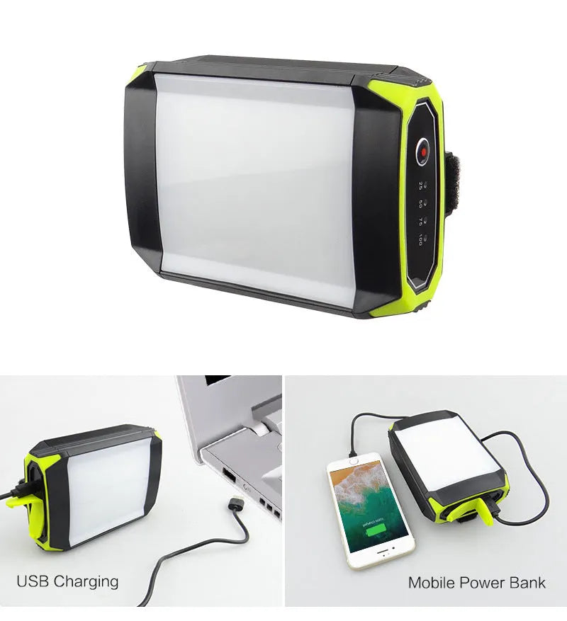 Green rechargeable LED camping light with dimming function and USB power bank port.