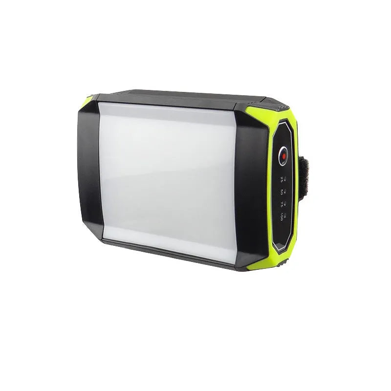 Green rechargeable LED camping light with dimming function and USB power bank port.