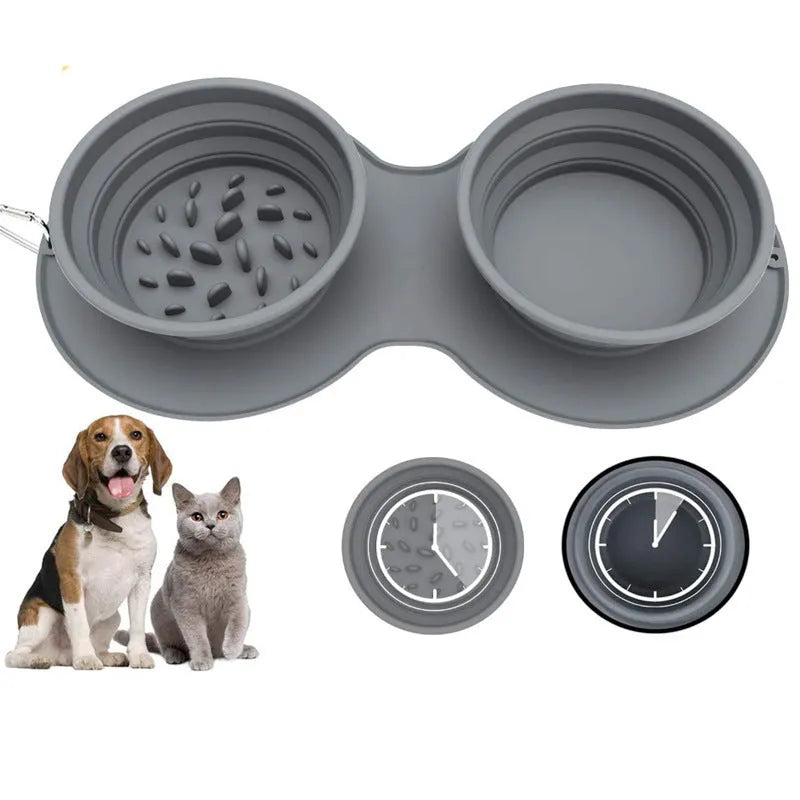 Grey silicone foldable slow food anti-choke dog bowl with double compartments for Greyhound
