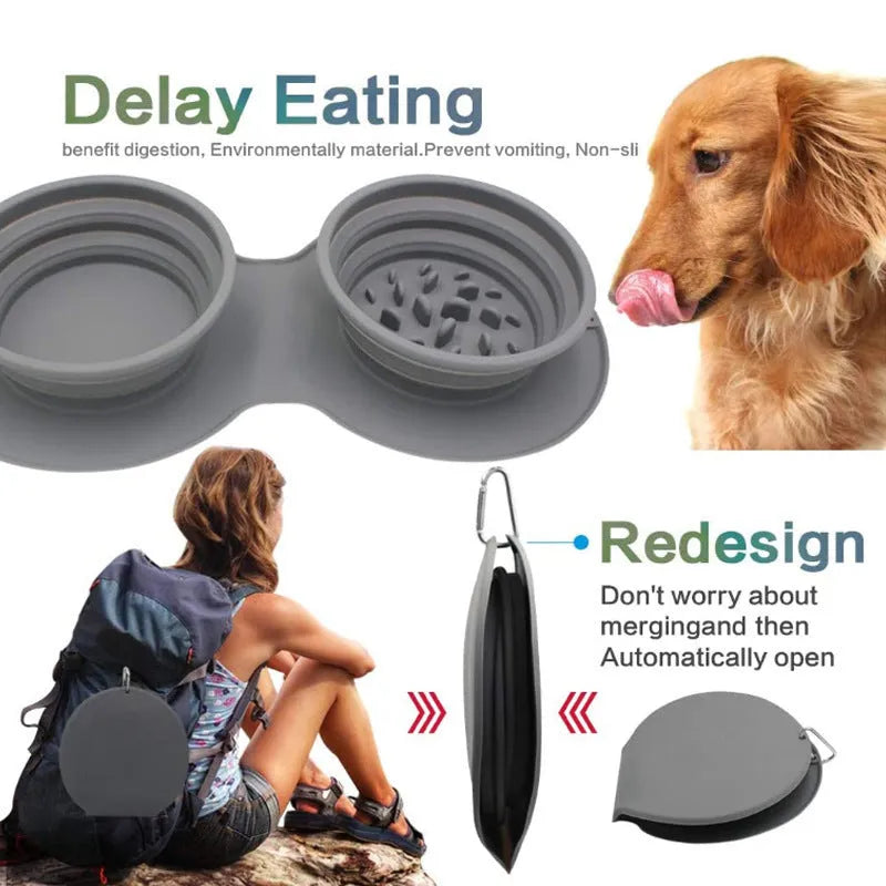 Grey silicone foldable slow food anti-choke dog bowl with double compartments for Greyhound