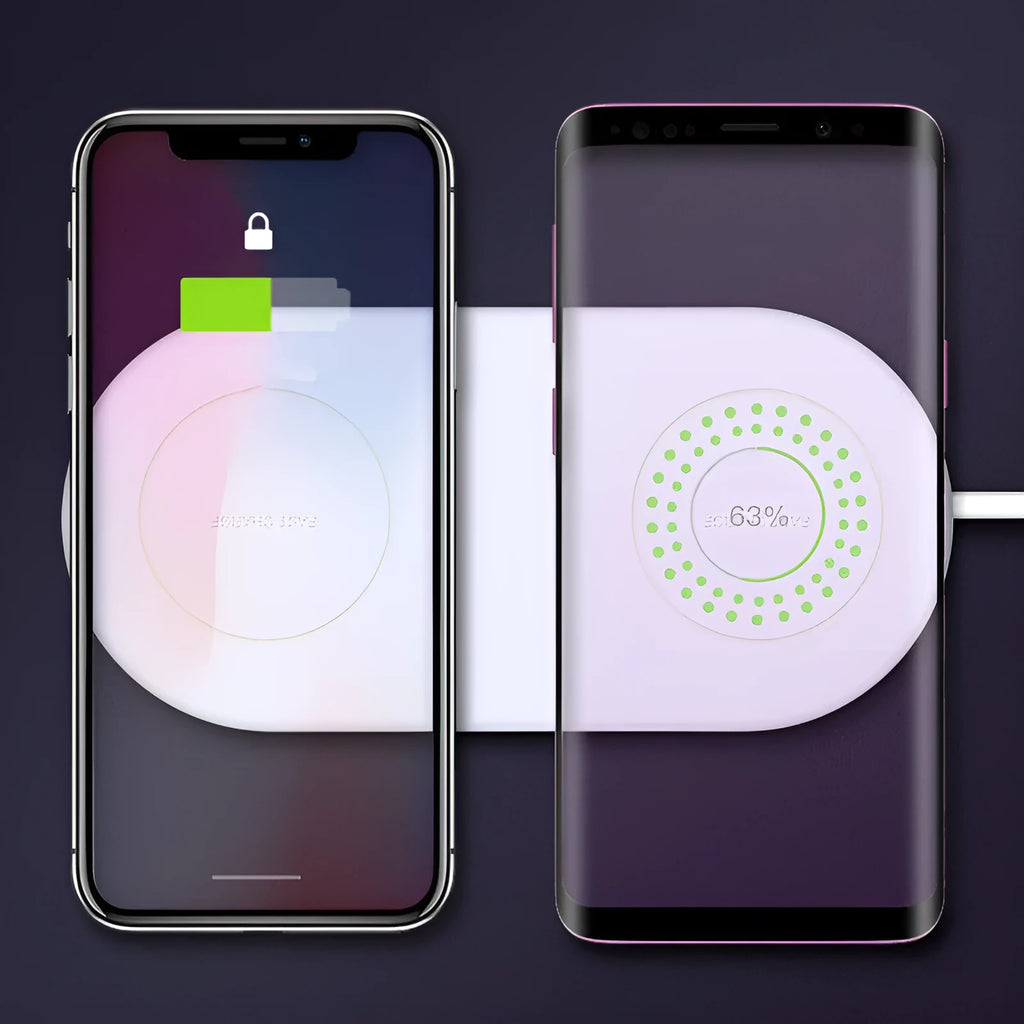 White dual wireless charging pad for two mobile phones.