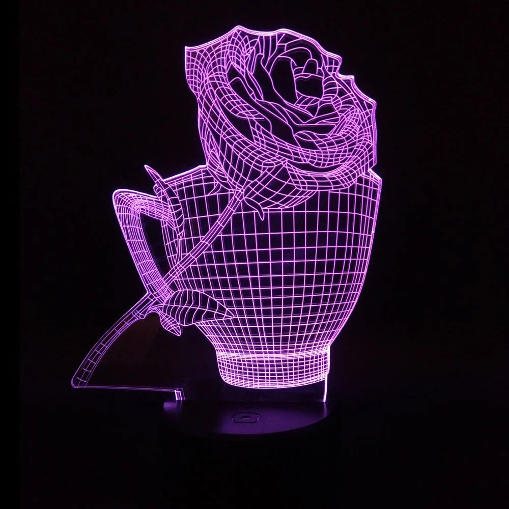 3D rose shaped LED night light with acrylic design and remote control showing multiple colour options