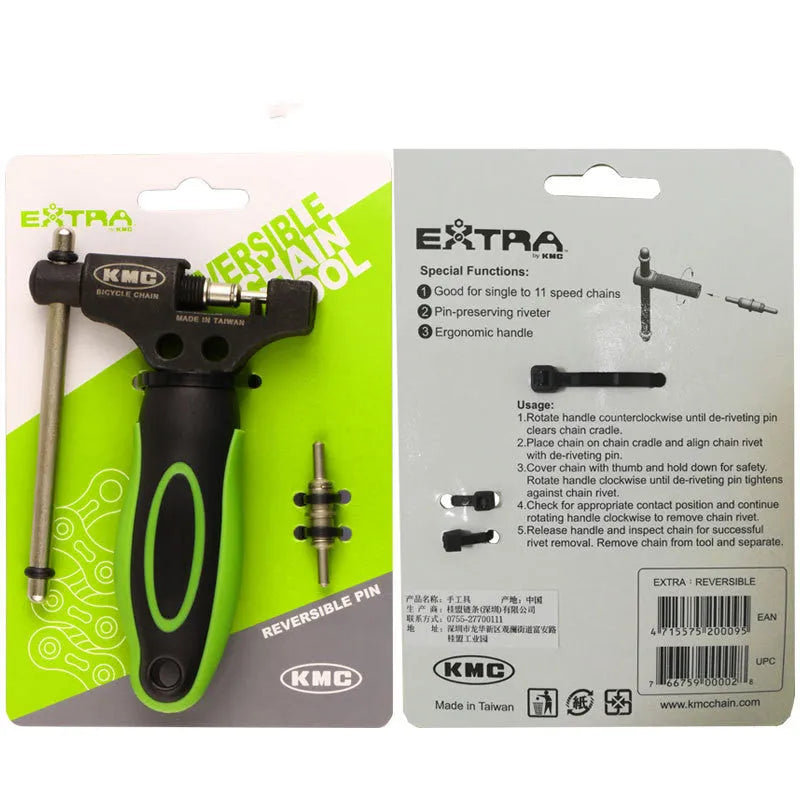 Green steel bicycle chain cutter tool with double shaft device and included chain driver