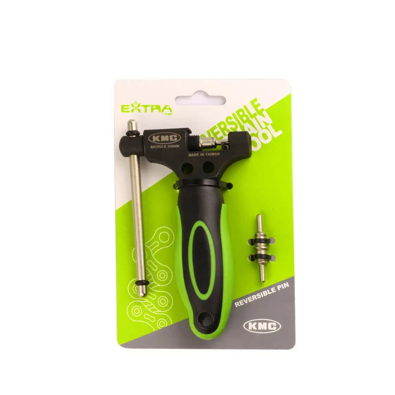 Green steel bicycle chain cutter tool with double shaft device and included chain driver