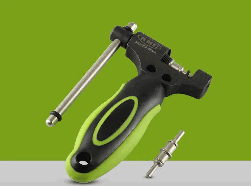 Green steel bicycle chain cutter tool with double shaft device and included chain driver