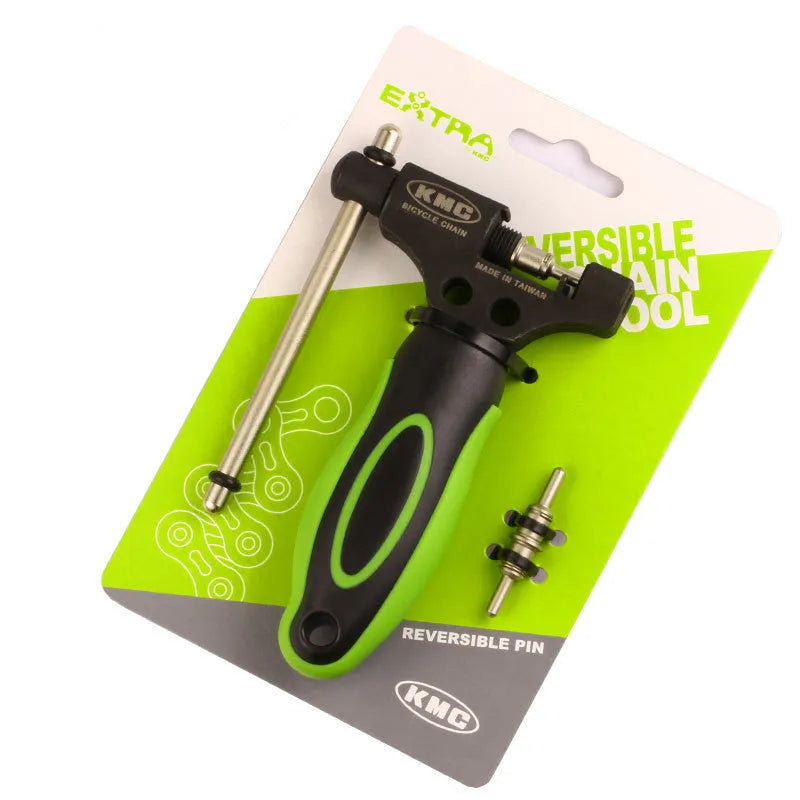 Green steel bicycle chain cutter tool with double shaft device and included chain driver