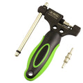 Green steel bicycle chain cutter tool with double shaft device and included chain driver