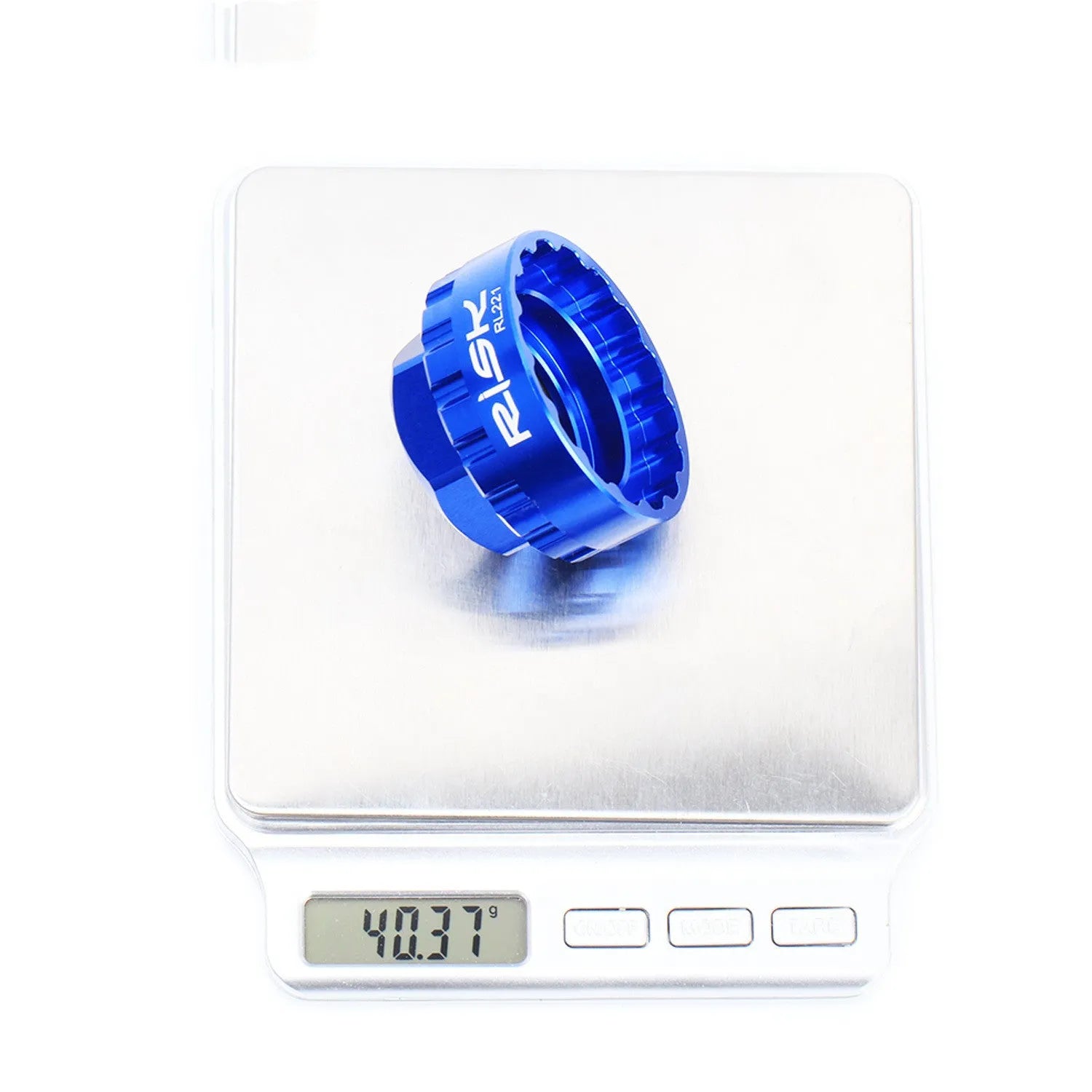 Blue aluminium alloy 12-speed direct mount disc brake caliper removal tool.