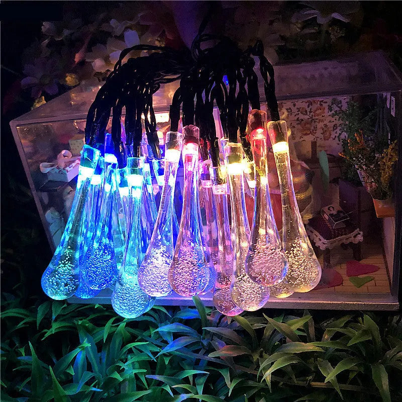 Outdoor solar LED string lights with bubble drop pendants on 6.5 metre waterproof cable
