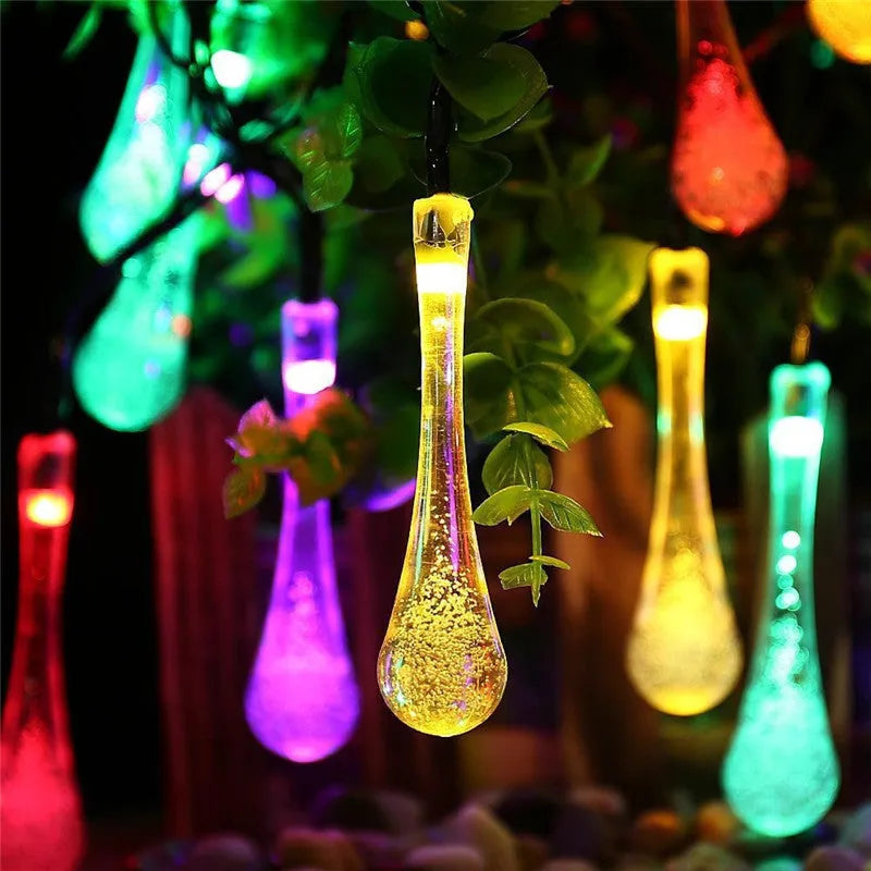 Outdoor solar LED string lights with bubble drop pendants on 6.5 metre waterproof cable