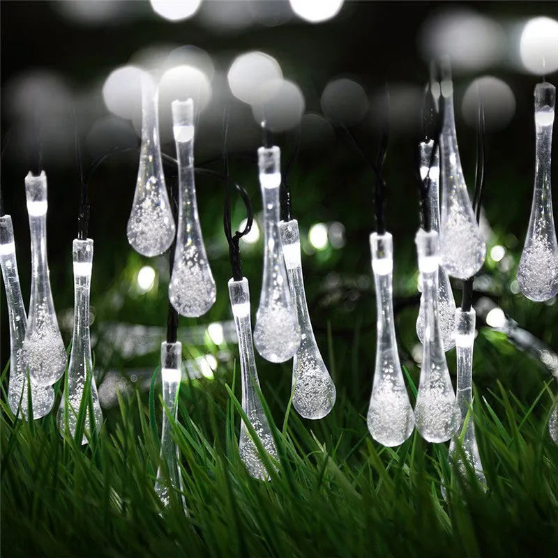 Outdoor solar LED string lights with bubble drop pendants on 6.5 metre waterproof cable