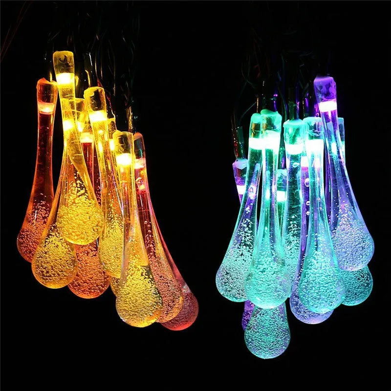 Outdoor solar LED string lights with bubble drop pendants on 6.5 metre waterproof cable