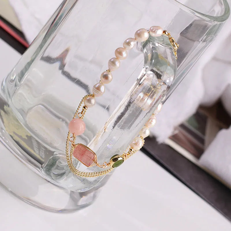 Women's pink freshwater pearl and strawberry quartz crystal bracelet with geometric bead design