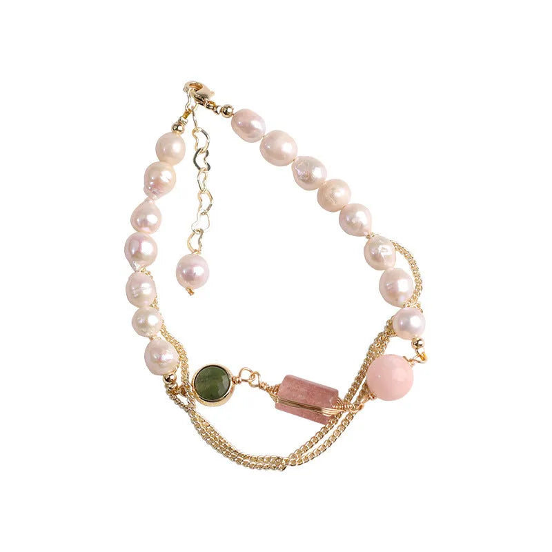 Women's pink freshwater pearl and strawberry quartz crystal bracelet with geometric bead design